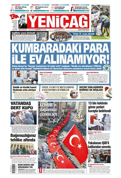 Türkiye de Yeni Çağ Gazetesi 10 Eylül 2022 Cumartesi Günü Manşeti