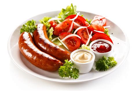 4k 5k Vienna Sausage Tomatoes White Background Plate Ketchup Hd