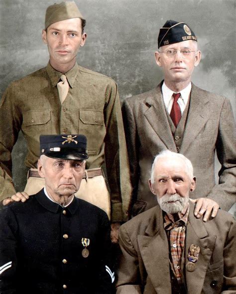 Colorized photograph of four veterans of different wars from the same town of Geary, Oklahoma ...