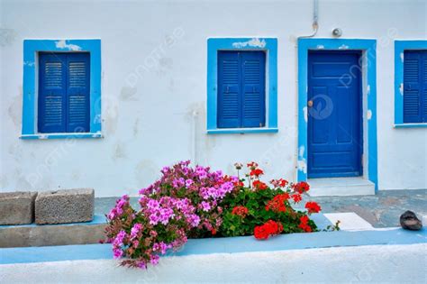 Fondo Casa Griega Tradicional Blanca Encalada Con Puertas Azules Y