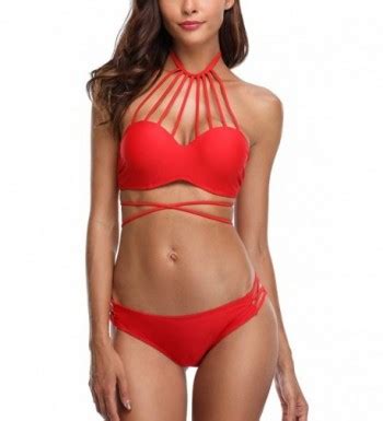 Women S Strappy Bikini Swimsuit Cut Out Swimwear Push Up Bikini Beachwear Solid Red CB QQWOM