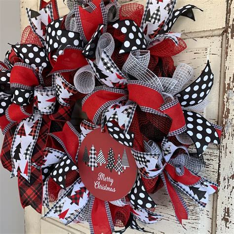 Buffalo Plaid Deco Mesh Wreath Red White And Black Merry Etsy