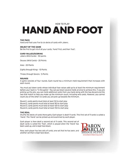 Hand Foot Card Game Printable Cheat Sheet