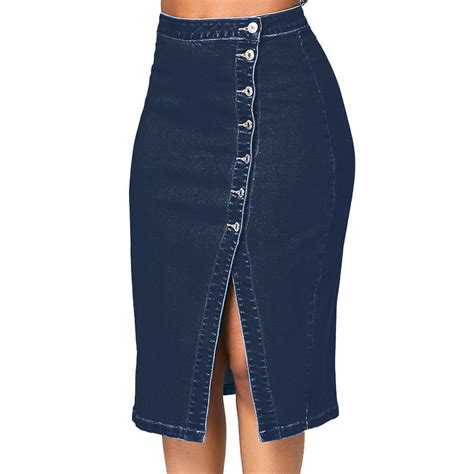 Womens Basic Denim Skirt Plus Size High Waist Ripped Washed Wrap Slit Midi Pencil Skirt Casual