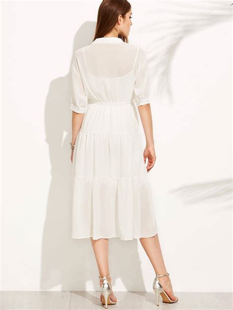 White V Placket Belted Tied Shirt Dress Shein Sheinside