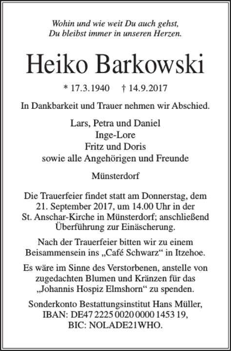 Traueranzeigen Von Heiko Barkowski Sh Z Trauer