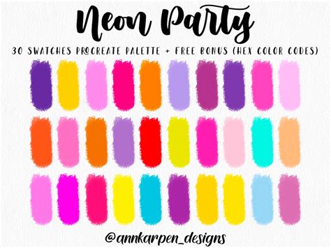 Neon Party Procreate Palette 30 Hex Color Codes Instant Digital Download Ipad Pro Art