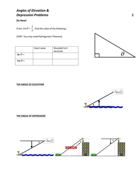 Angle Of Depression And Elevation Worksheet Printable Pdf Template