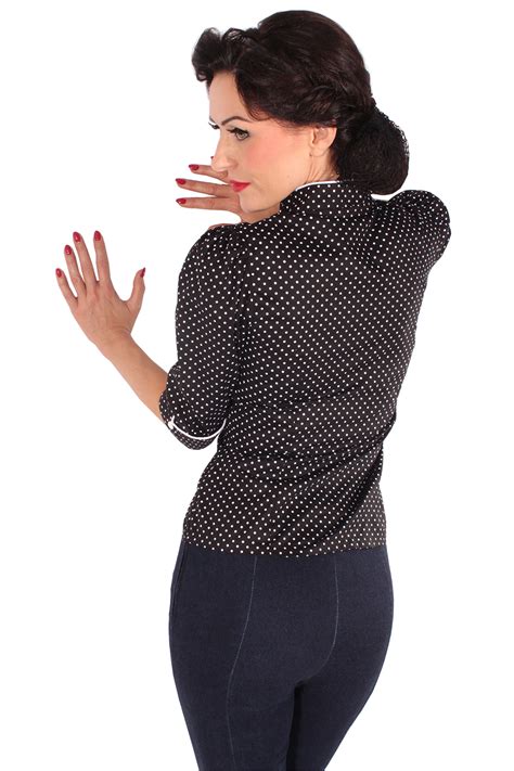 Cute Asia Polka Dots Rockabilly Puff Rmel Stehkragen Bluse Shirt