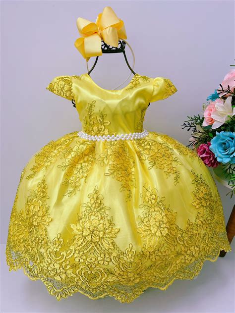 Vestido Infantil Amarelo Renda Realeza Cinto De P Rolas Rosa