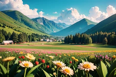 Premium AI Image | A field of flowers in front of a mountain