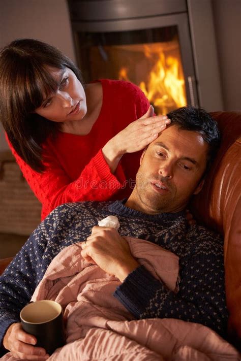 Wife Nursing Sick Husband With Cold Stock Image Image Of Fever