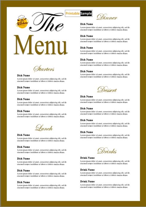 Office Menu Template Printable Samples