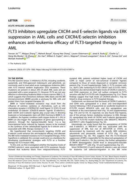 Pdf Flt Inhibitors Upregulate Cxcr And E Selectin Ligands Via Erk