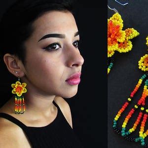 Yellow Huichol Flower Earrings Mexican Beaded Flower Etsy