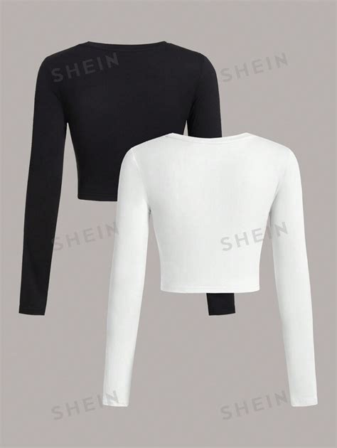 Shein Ezwear Pcs Casual Simple Pattern Round Neck Long Sleeve Crop Top