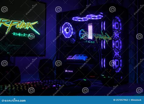 Computer, Keyboard, and a Corsair Gaming PC with Led Neon Lights Editorial Photography - Image ...