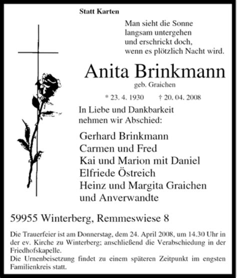 Traueranzeigen Von Anita Brinkmann Trauer In Nrw De