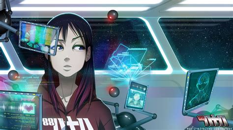 Anime Girls Spaceship Cyberpunk Girl Interfaces Futuristic