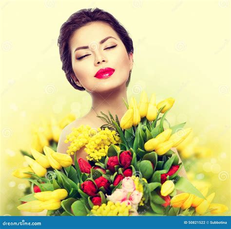 Beauty Model Woman With Spring Flowers Stock Photo Image Of Glamour