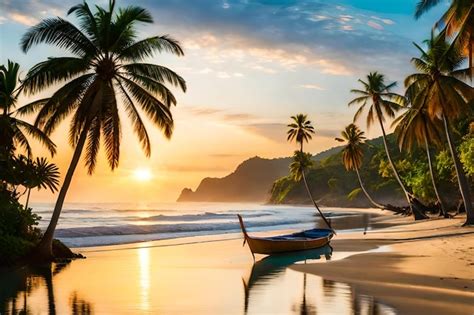 Una Playa Con Palmeras Y Un Barco En La Playa Al Atardecer Foto Premium