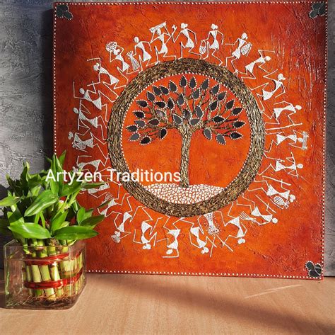 Warli Tribal India Folk Art With Mirror Work Lippan Art Tree Etsy Canada