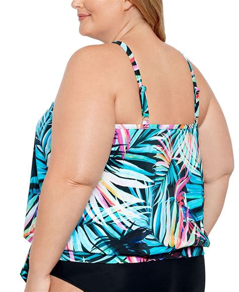 Swim Solutions Plus Size Printed High Neck Tie Waist Tankini Top