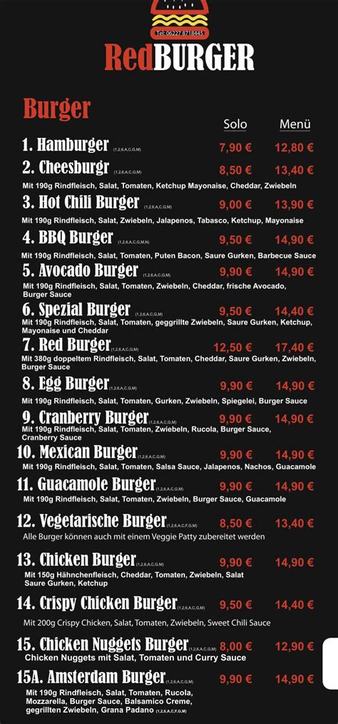 Speisekarte Von Red Burger Restaurant Sankt Leon Rot