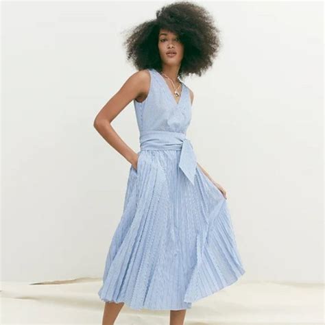 J Crew Dresses New J Crew Blue White Striped Pleated Midi Dress 4