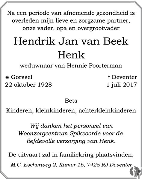 Hendrik Jan Henk Van Beek 01 07 2017 Overlijdensbericht En