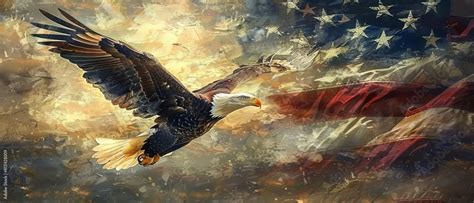 American Flag At Full Mast With A Bald Eagle Flying Across A Field Of