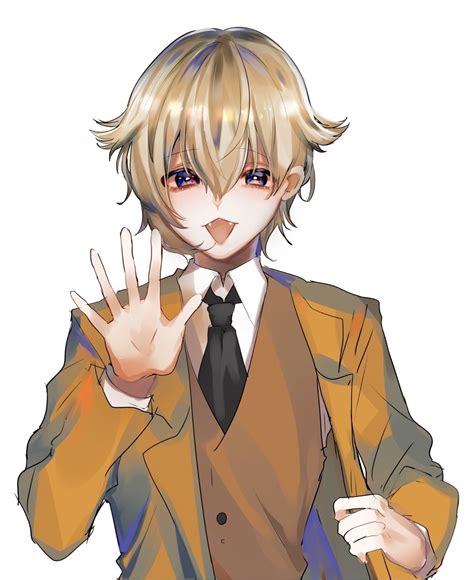 Safebooru 1boy Arm Up Black Necktie Blonde Hair Buttons Collared Shirt Eyelashes Fangs Hair