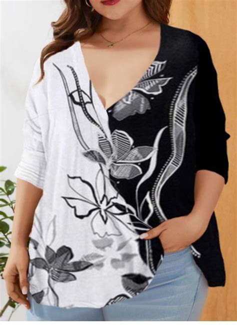 Plus Size Floral V Neckline Casual Shift Blouses 3 4 Sleeves Plus Blou