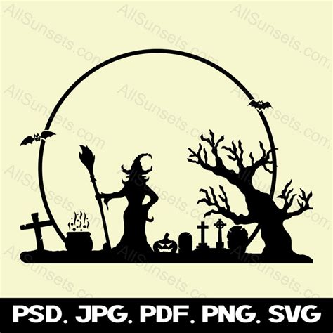 Witch Graveyard Halloween Silhouette Svg Png  Psd Pdf File Etsy