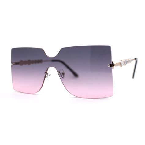 Sa106 Womens Rhinestone Jewel Arm Rimless Block Lens Shield Sunglasses Gold Purple Pink