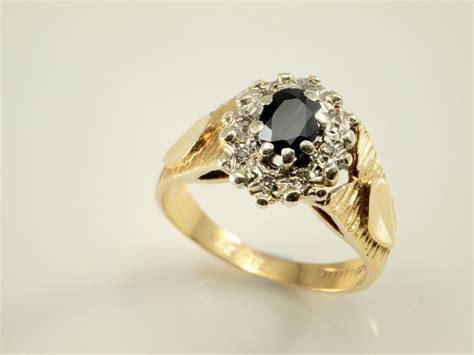 Vintage Diamond Sapphire Ring 70s Wide Band Engagement Ring Wide