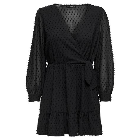 Only Vestido Corto Manga Larga Tiva Dobby Fake Wrap Negro Dressinn