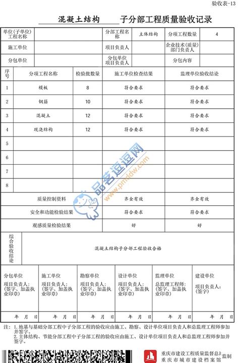 验收表 13 子分部工程质量验收记录品茗逗逗网品茗施工软件服务平台