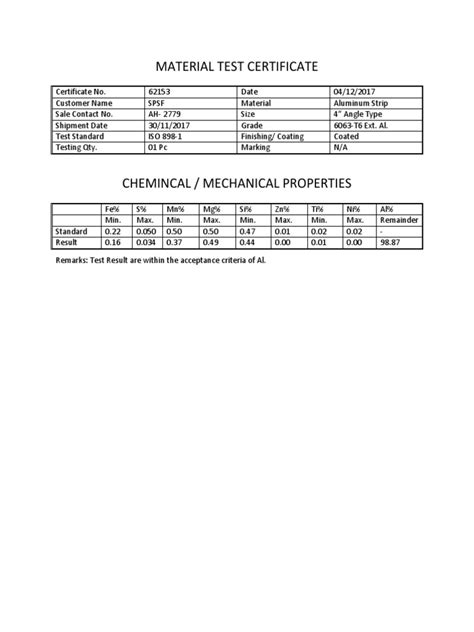 Material Test Certificate Pdf