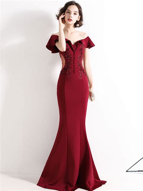 Burgundy Off Shoulder Satin Lace Long Prom Dress Burgundy Evening Dre Shopluu