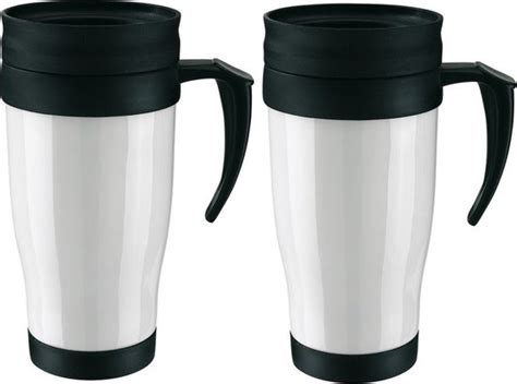 2x Thermosbekers Warmhoudbekers Wit Zwart 400 Ml Thermo Koffie Thee