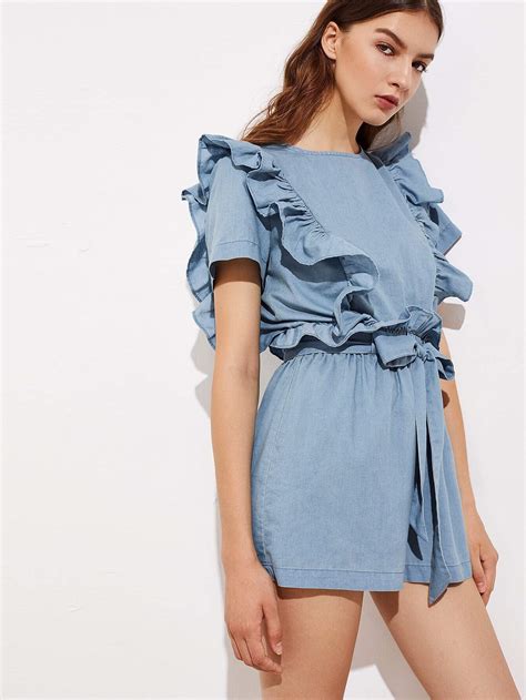 Self Belt Elastic Waist Ruffle Detail Chambray Romper Shein Sheinside