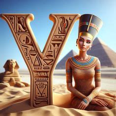 An Egyptian Woman Sits In Front Of The Letter Y With Pyramids Behind Her