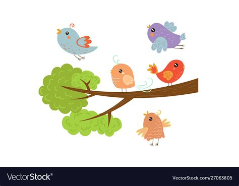 Cute Colorful Birds On Tree Branches With Green Vector Image