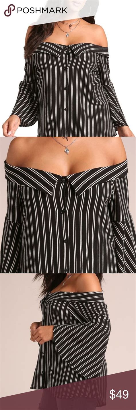 Black And White Plus Pinstripe Off Shoulder Blouse Black And White Plus Pinstripe Off Shoulder