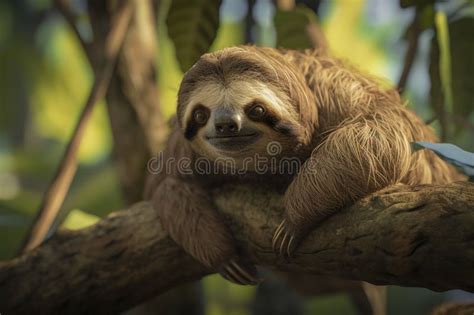 A Cute Sloth Is Hanging On A Branch Generative Ai Stock Illustration Illustration Of Bradypus