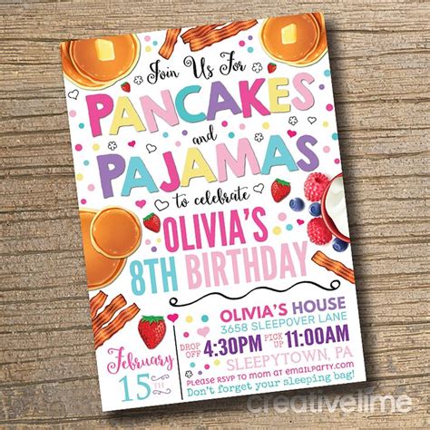 Pancake Birthday Invitation Pancakes And Pajamas Party Birthday