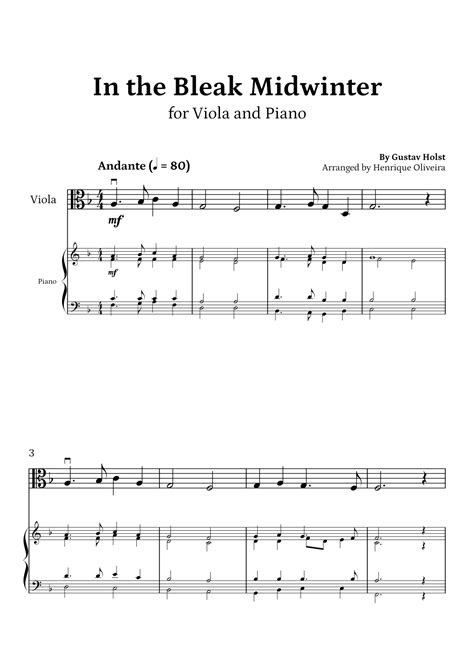 In The Bleak Midwinter Viola And Piano Beginner Level Arr