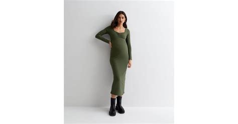 Maternity Khaki Ribbed Jersey Long Sleeve Midi Dress New Look