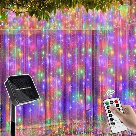 Weillsnow 304 Led Solar Curtain Lights Remote Control With 8 Modes Outdoor Christmas Lights